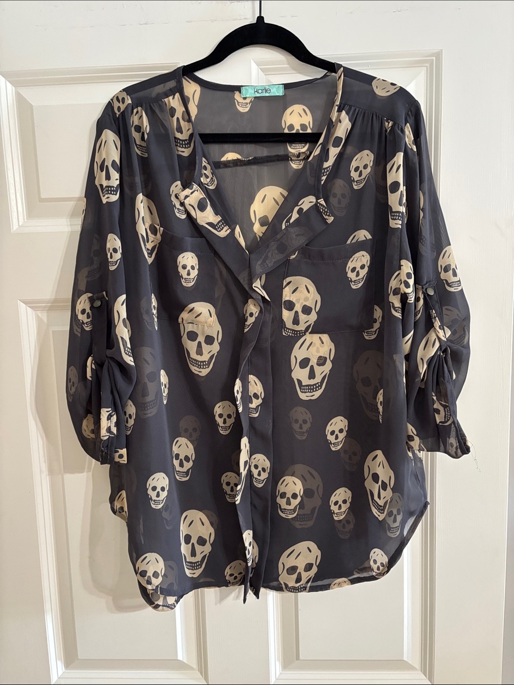 Karlie Black Sheer Blouse with Cream Skull Print & 3/4 sleeves